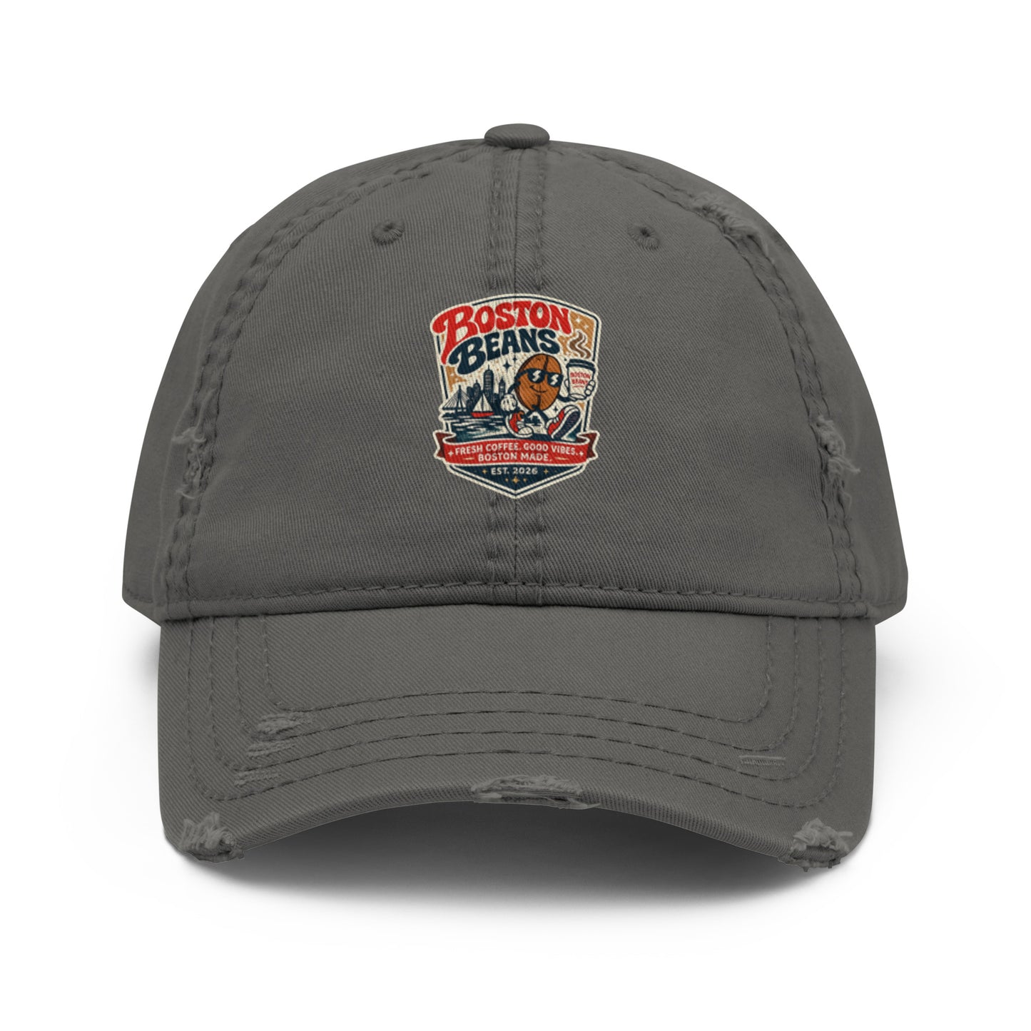 Distressed Dad Hat showcasing Boston Beans design, perfect for casual and streetwear styles.