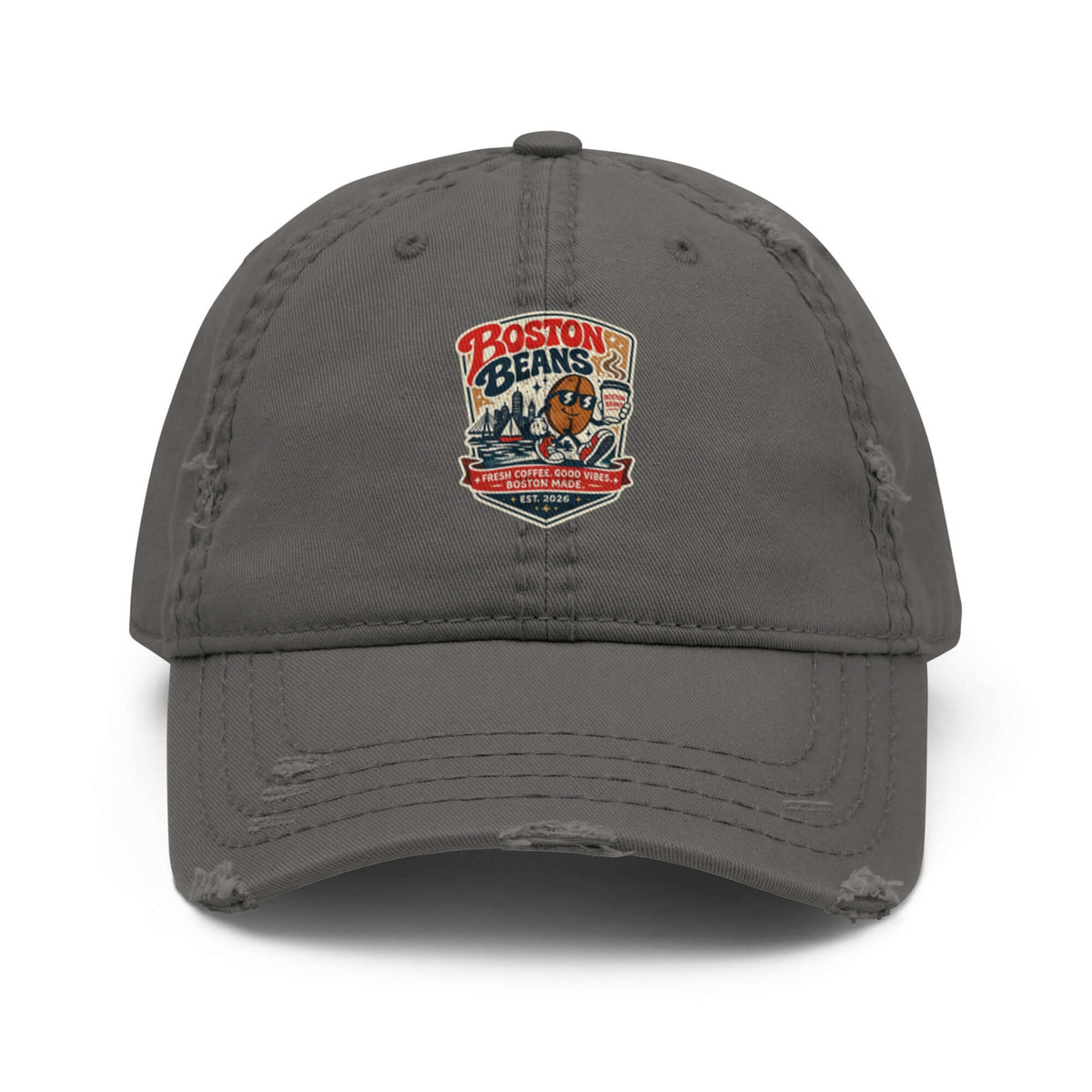 Distressed Dad Hat showcasing Boston Beans design, perfect for casual and streetwear styles.