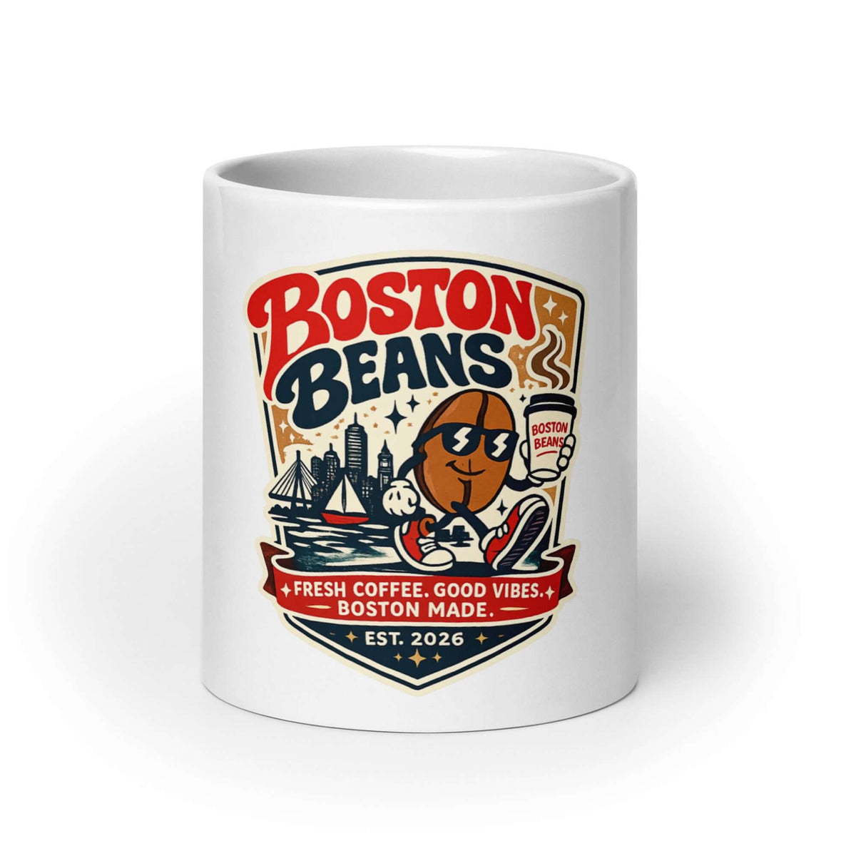 White glossy mug with Boston Beans logo promoting fresh coffee and good vibes.