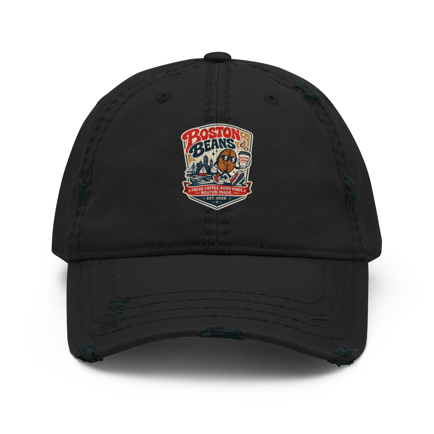 Distressed Dad Hat featuring Boston Beans logo with a casual and vintage look.