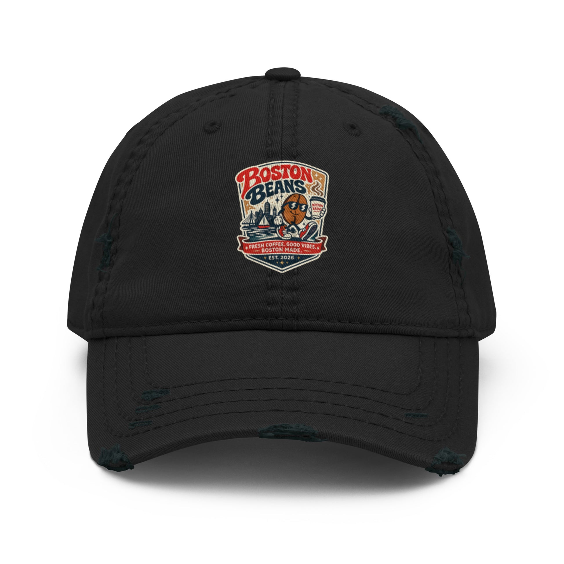 Distressed Dad Hat featuring Boston Beans logo with a casual and vintage look.