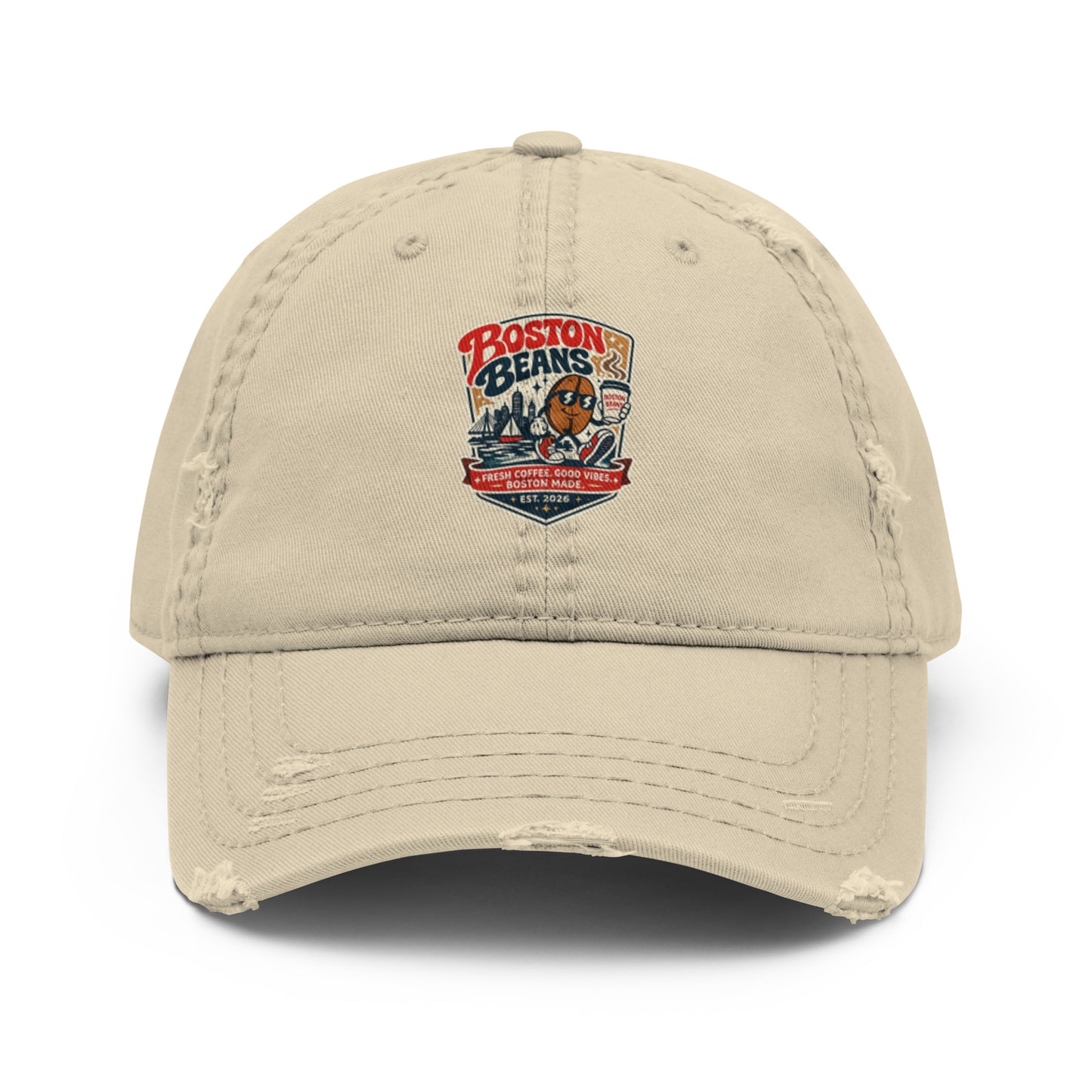 Distressed Dad Hat featuring Boston Beans logo, perfect for casual and streetwear style.