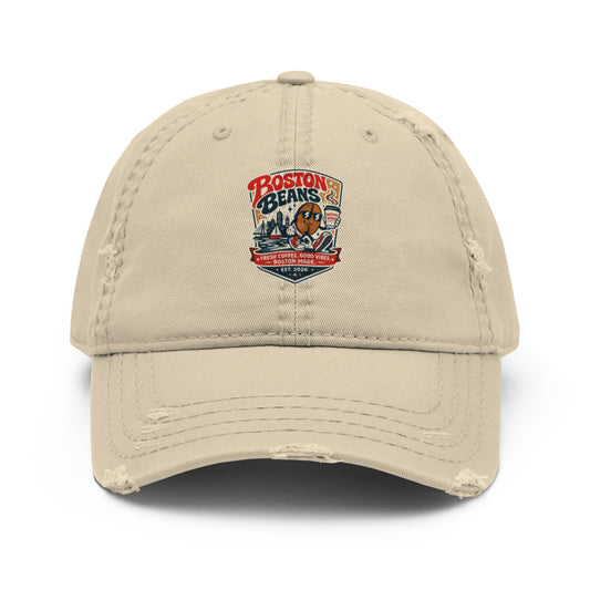 Distressed Dad Hat featuring Boston Beans logo, perfect for casual and streetwear style.