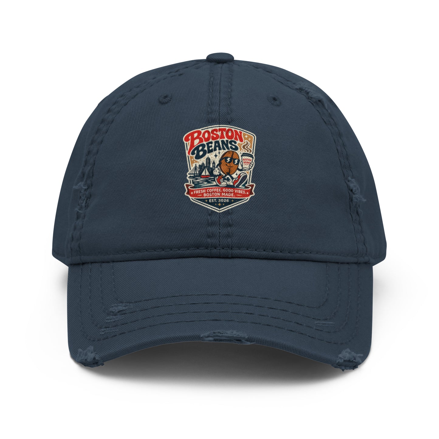 Distressed Dad Hat featuring a Boston Beans logo, perfect for casual and streetwear style.