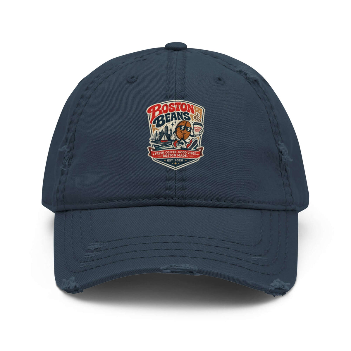 Distressed Dad Hat featuring a Boston Beans logo, perfect for casual and streetwear style.