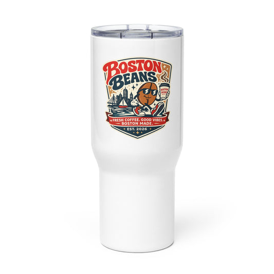 Travel Mug With a Handle featuring Boston Beans logo, designed for hot and cold drinks.
