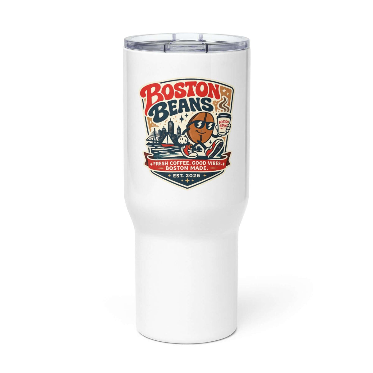 Travel Mug With a Handle featuring Boston Beans logo, designed for hot and cold drinks.