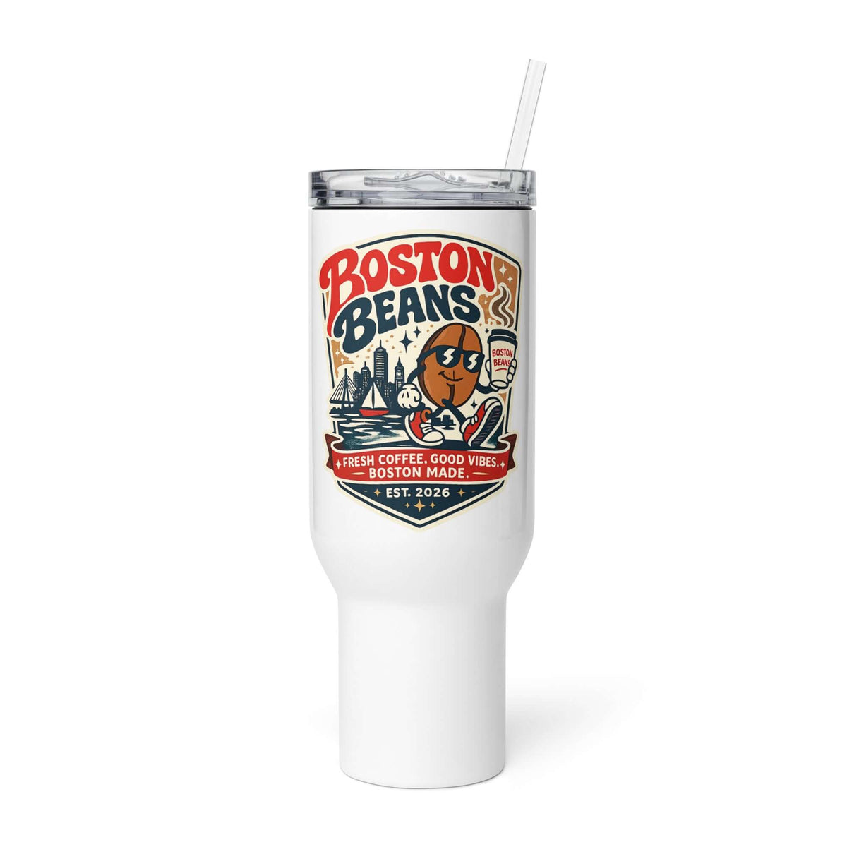 Travel Mug With a Handle featuring Boston Beans design, perfect for hot and cold drinks on the go.