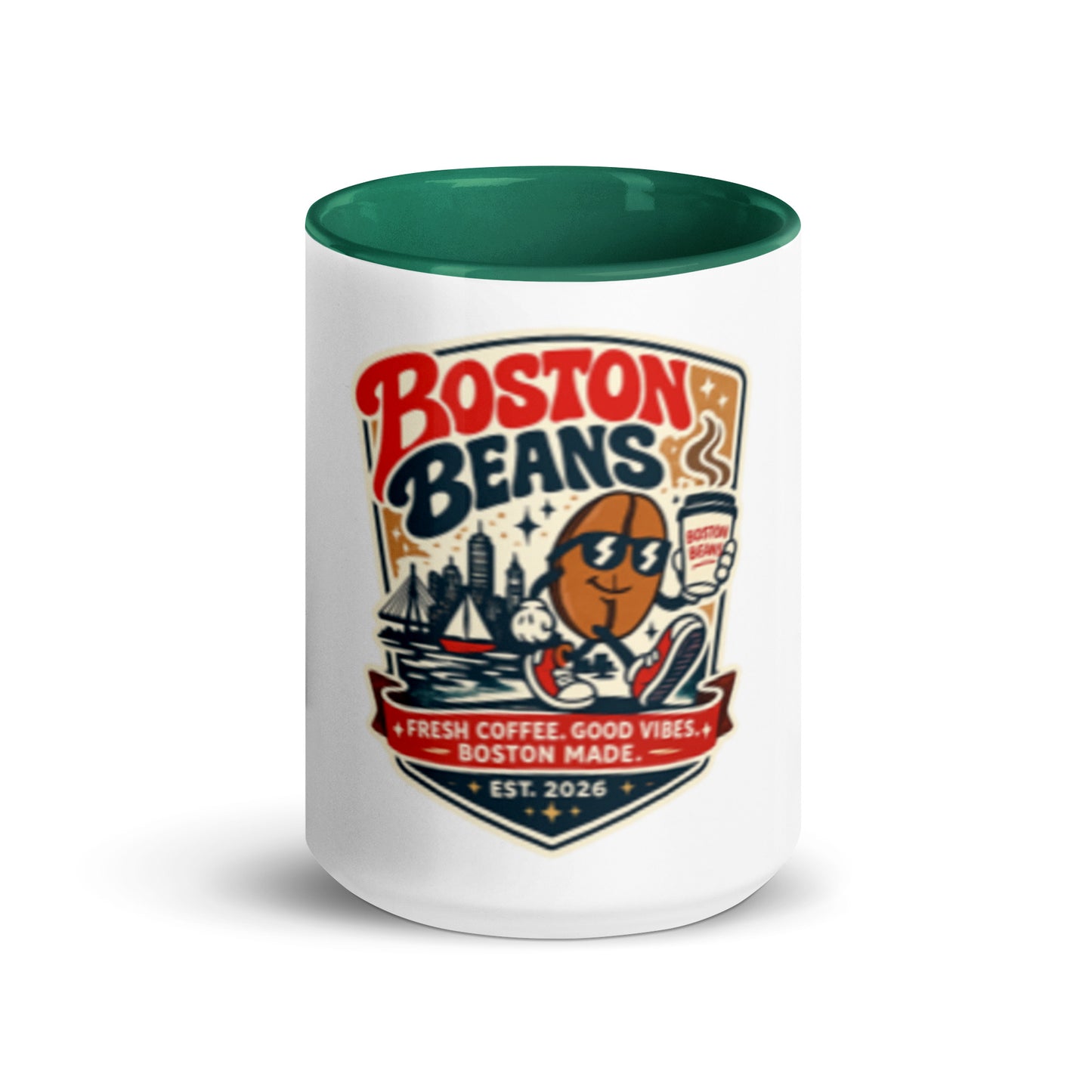 Mug With Color Inside featuring Boston Beans design with green interior for coffee and tea lovers.