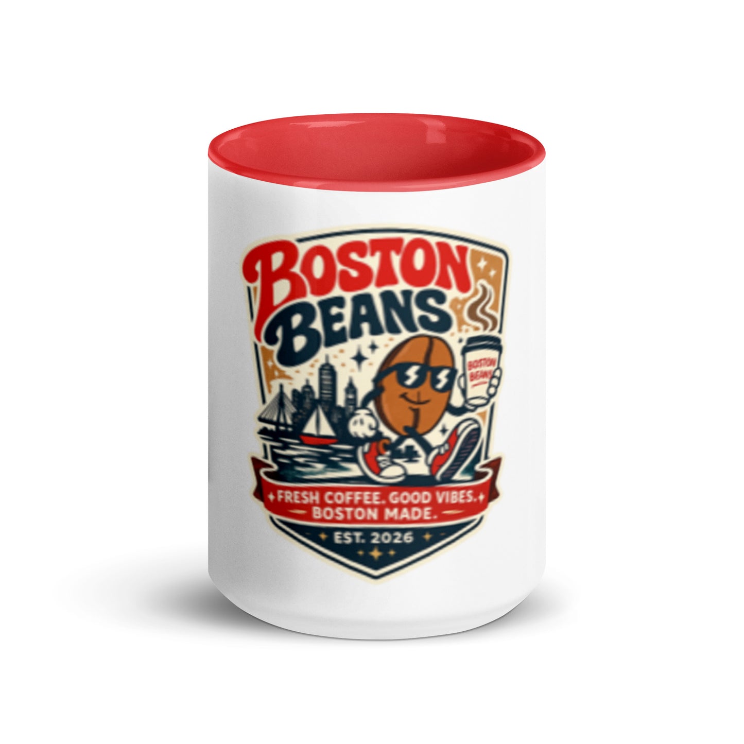 Mug With Color Inside featuring Boston Beans design with vibrant red interior for coffee and tea lovers.