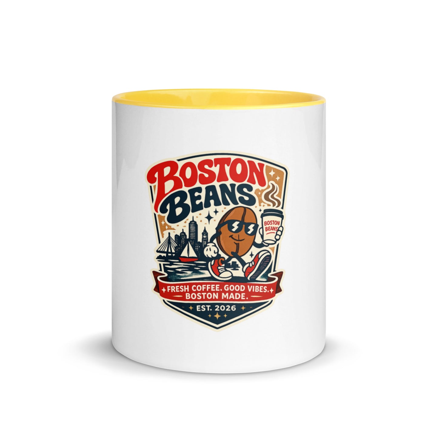 Mug With Color Inside featuring Boston Beans logo, yellow interior, ideal for coffee and tea lovers.