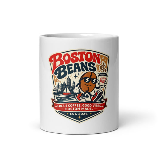White glossy mug featuring Boston Beans coffee design with playful graphics and text.