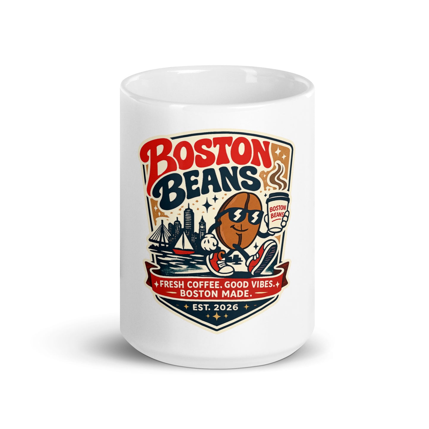White glossy mug featuring Boston Beans design with coffee-themed graphics and vibrant colors.