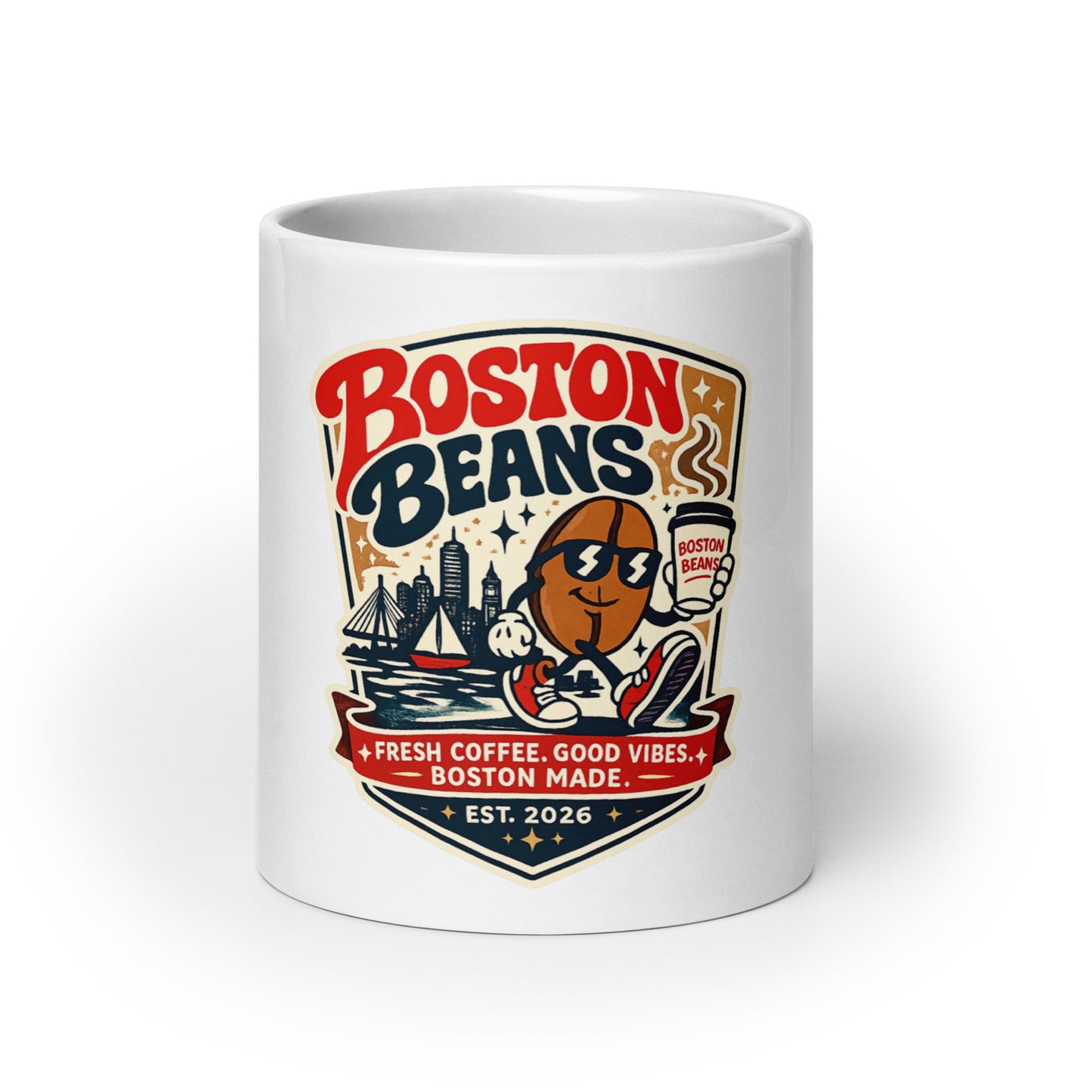 White glossy mug with Boston Beans logo promoting fresh coffee and good vibes.